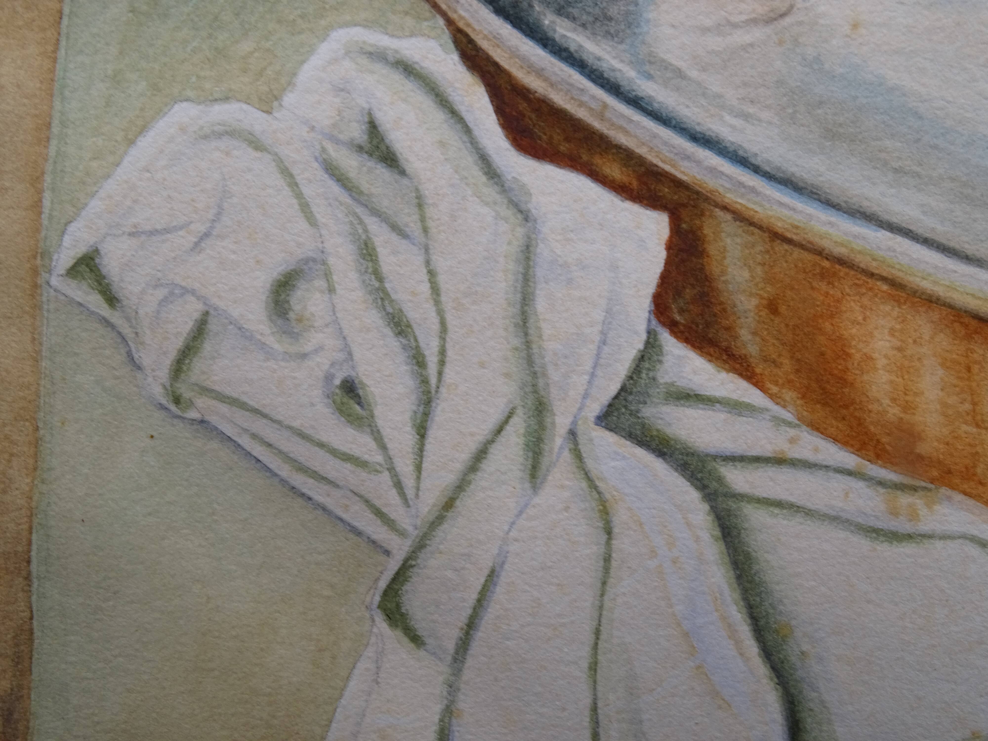 Still life with Pisces, lemon and knife by Louis Chavannes - Watercolor dated 1945