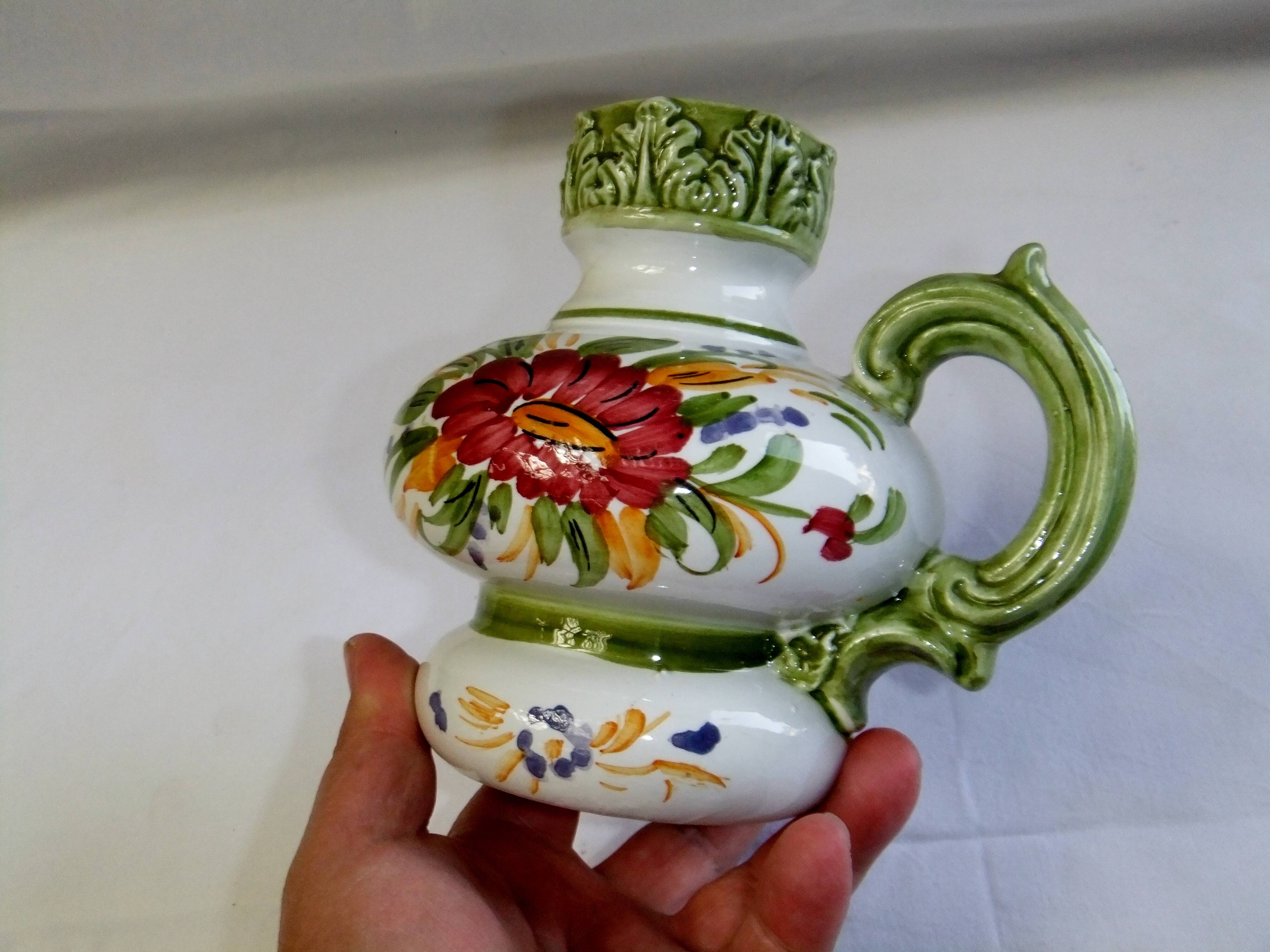 Vintage ceramic slip vase V Bassano pitcher decorated with porcelain flowers