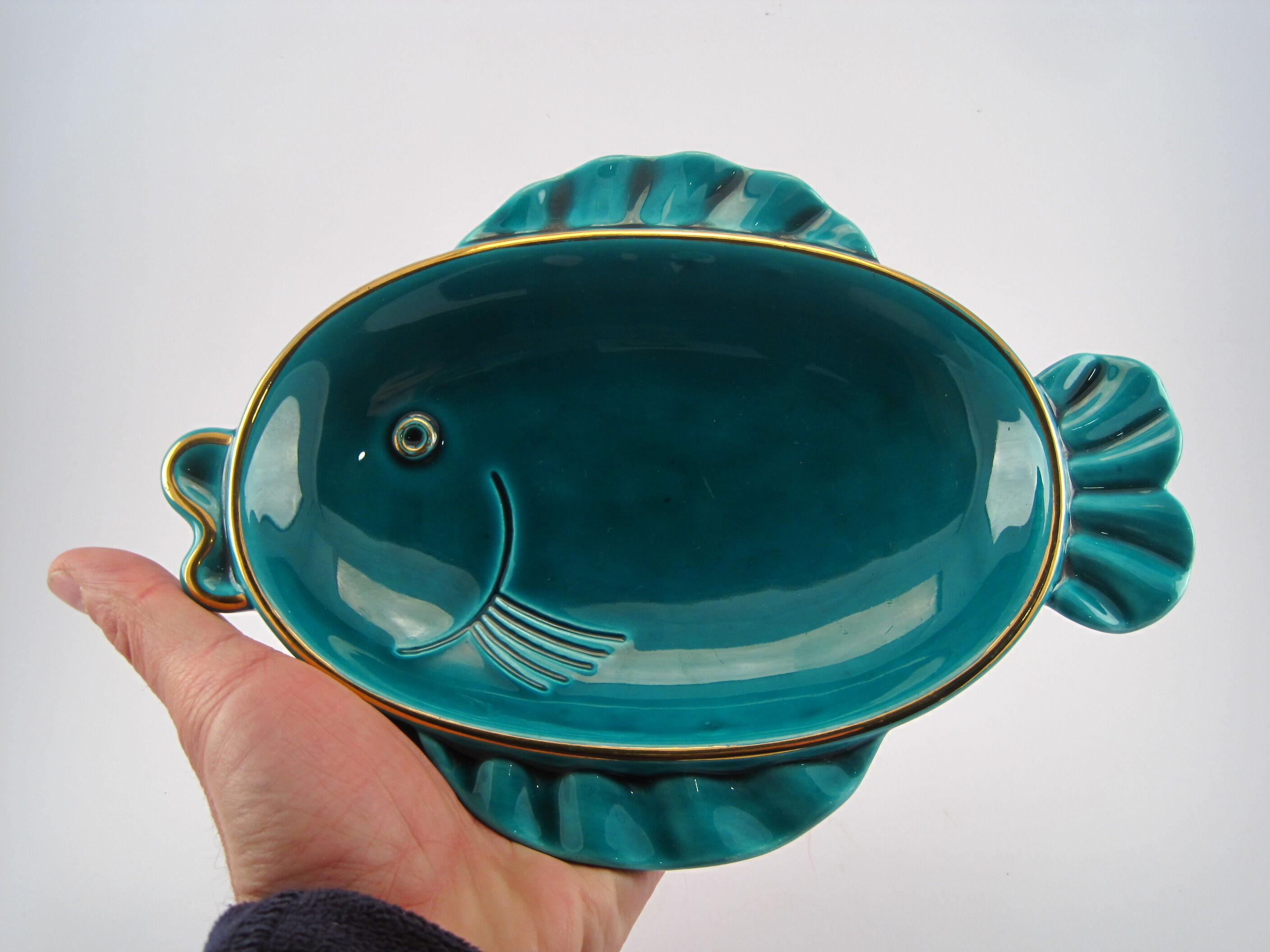 Empty cup stylized fish pocket green earthenware enamelled VERCERAM 1950 to 1970