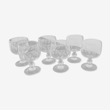 Lot de 6 verres à eau sur pieds cristal, décor de raisin et sarment de vigne Luminarc