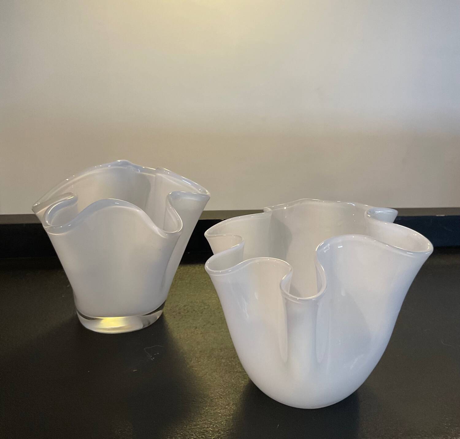 Duo of vintage handkerchief vases in glass paste
