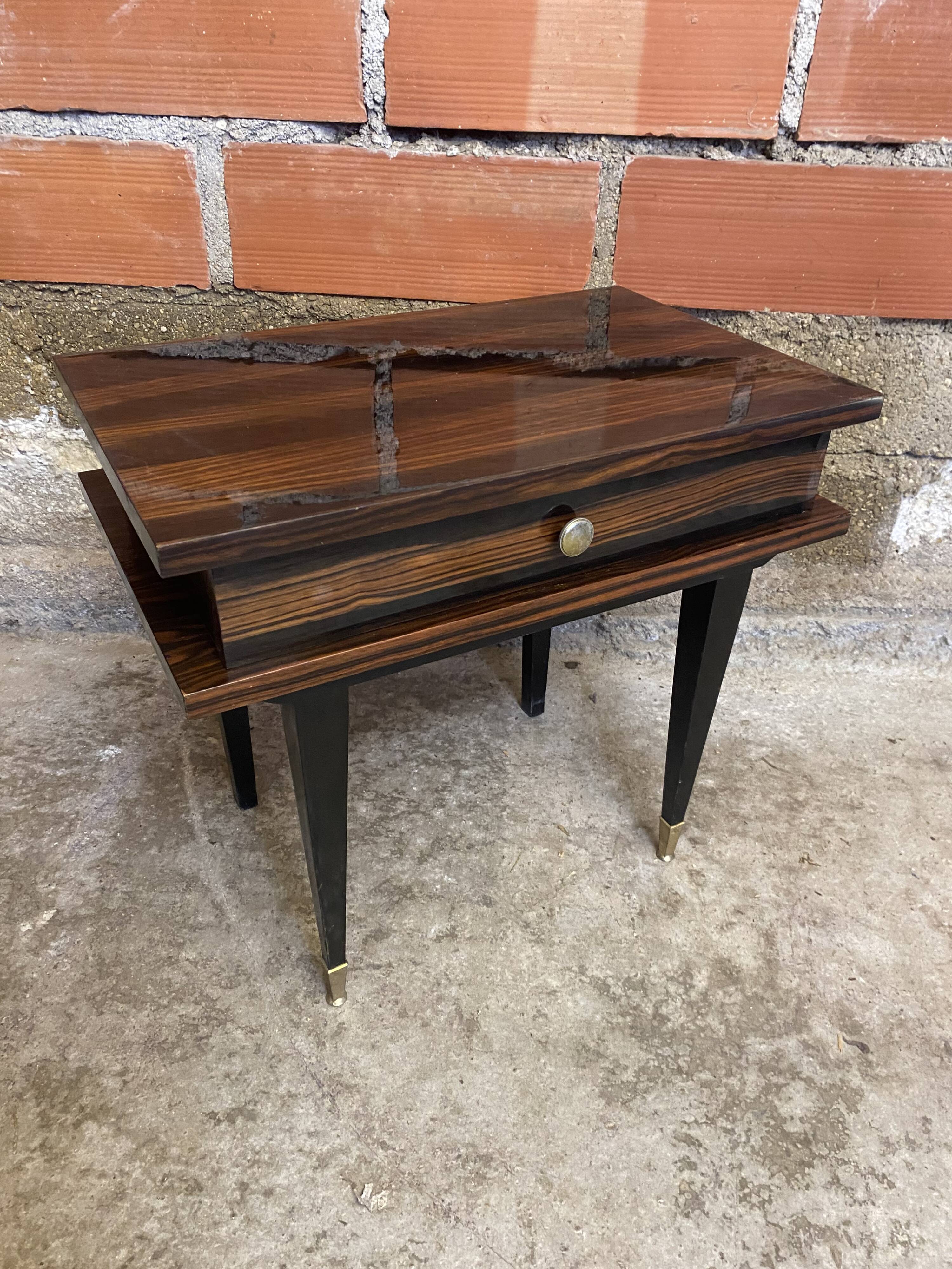 Antique Nightstand with Drawer, Macassar Wood, Mid 20th Century, Vintage