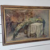 Ancien tableau nature morte faisan peinture sur toile signée
