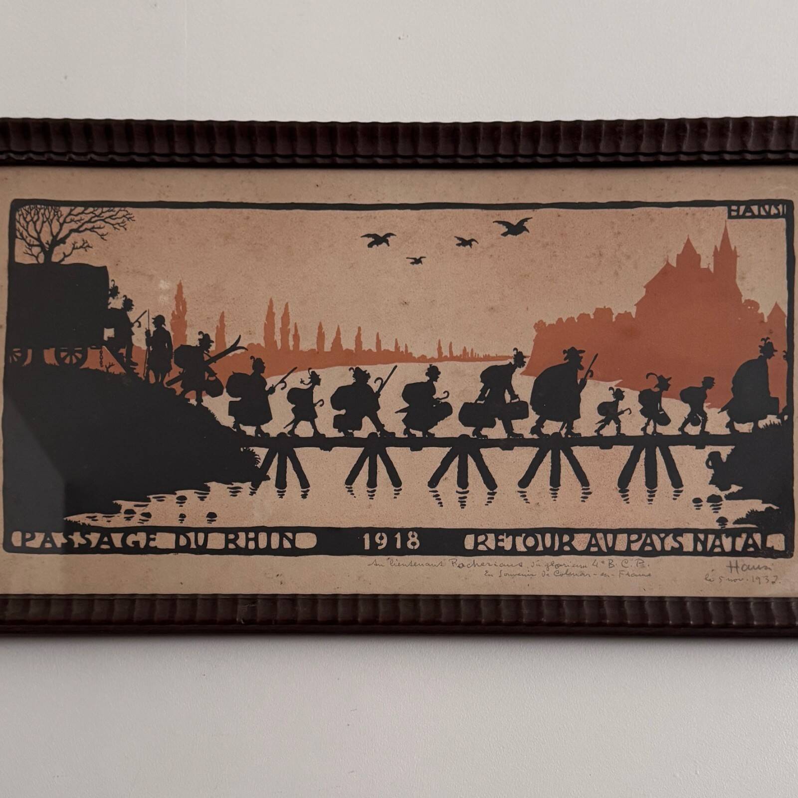 Color lithograph by Hansi Crossing the Rhine 1918