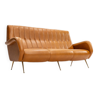 Three-seater sofa in skai with brass feet in the style of Marco Zanuso, 1950s