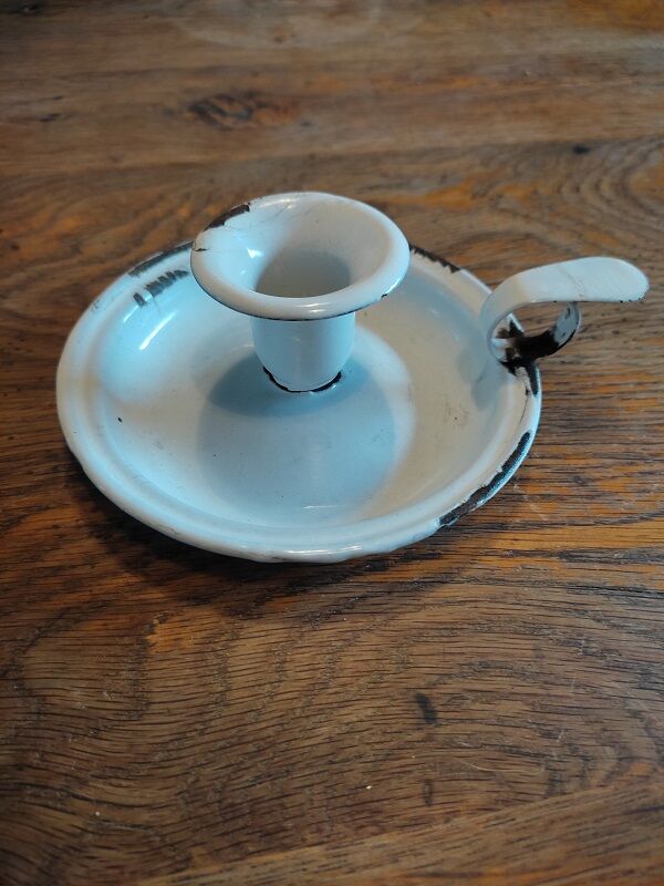 White patinated enamelled metal candle holder