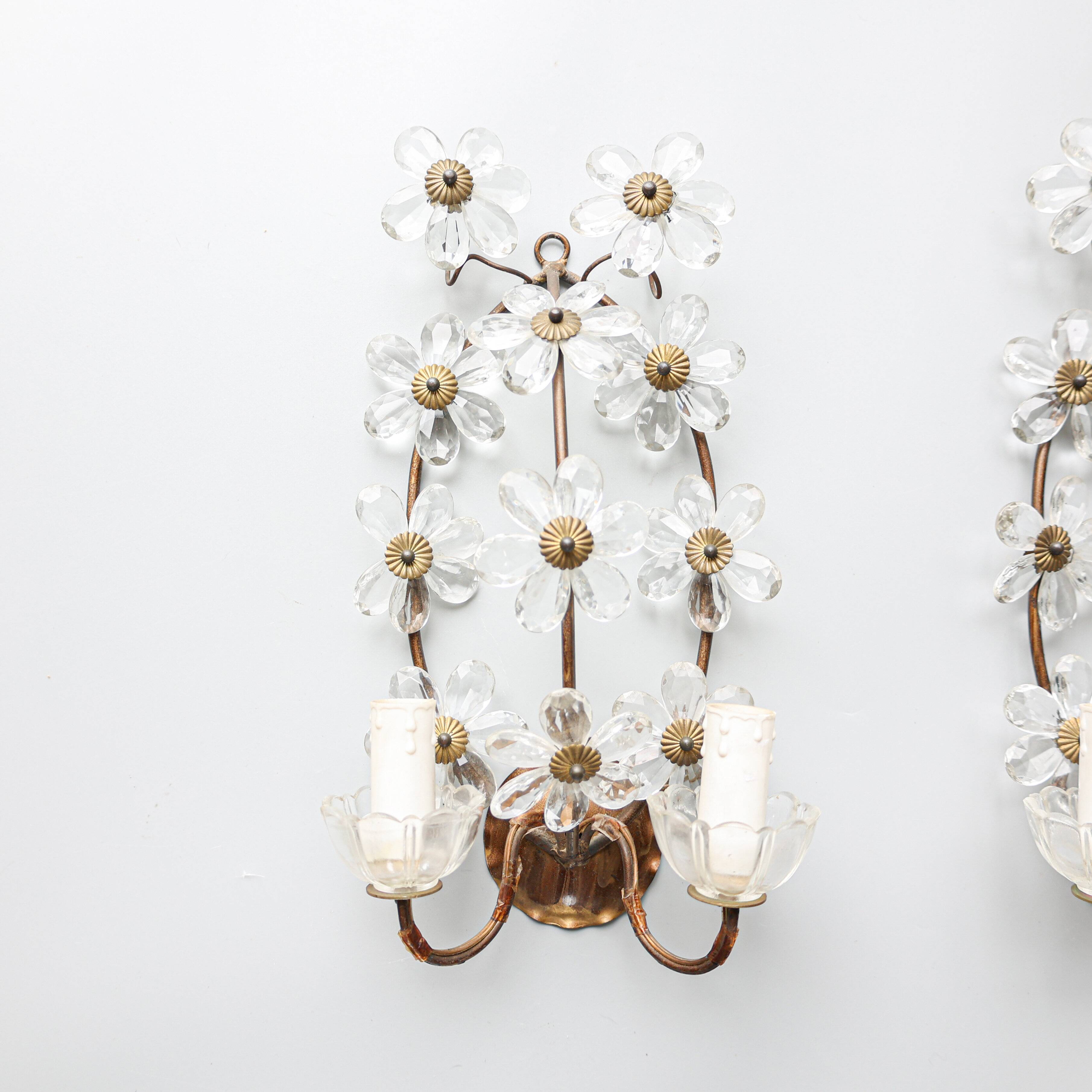 Set of 2 Banci Firenze wall sconces, brass / crystal glass 1950s, Italy.