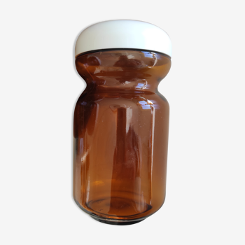 Bocal en verre couleur ambre avec couvercle blanc vintage