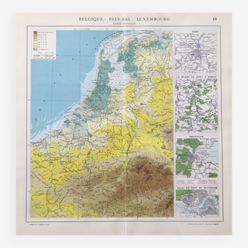 Carte vintage des Pays-Bas Belgique Luxembourg 43x43cm de 1950