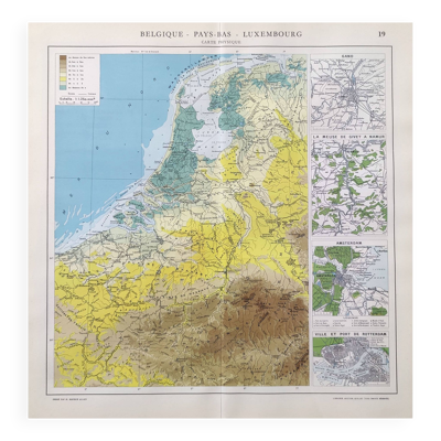 Carte vintage des Pays-Bas Belgique Luxembourg 43x43cm de 1950