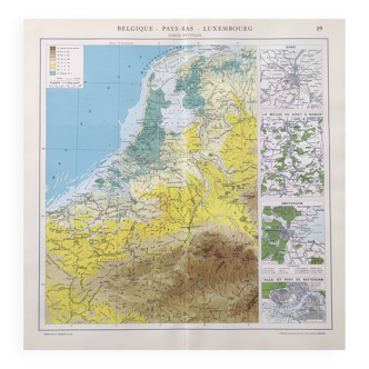 Carte vintage des Pays-Bas Belgique Luxembourg 43x43cm de 1950