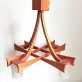 Scandinavian chandelier 4 burners Teak and tulips glass paste 60s Width 70.5 cm