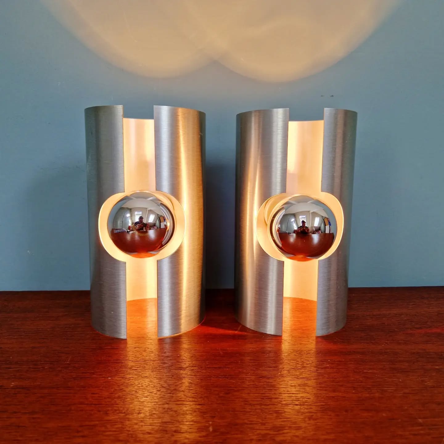 Pair of Space Age wall sconces in brushed aluminium, 1970.