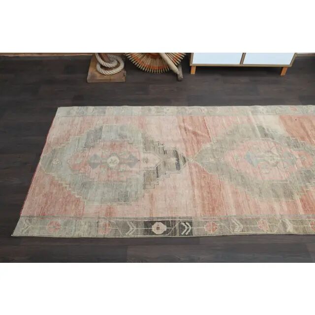 1970s Turkish Oushak Handmade Wool Cotton Orange Runner Rug 116x322