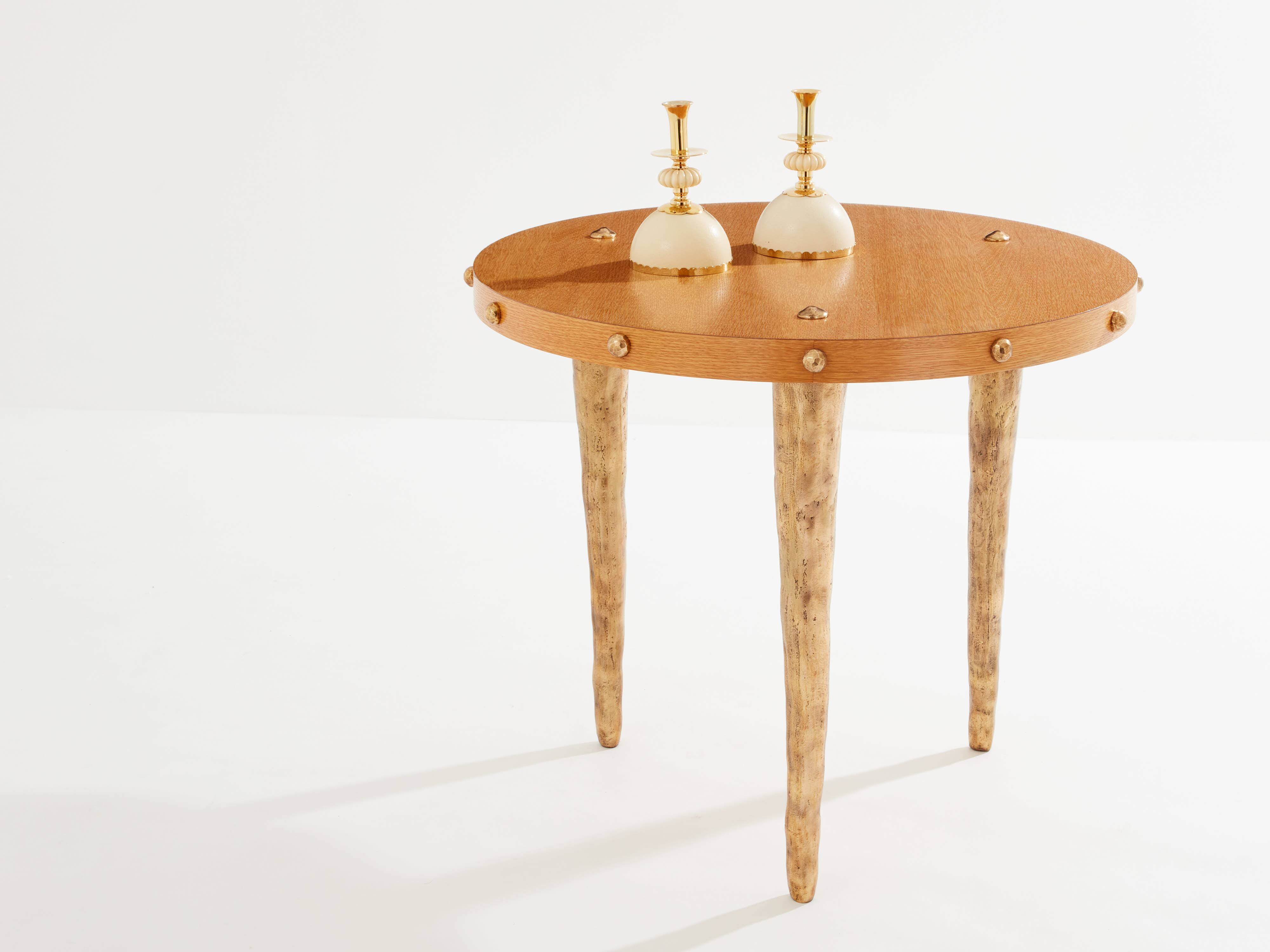 Oak and patinated bronze tripod pedestal table by Garouste & Bonetti 1987