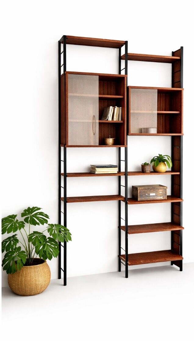 Modular Scandinavian library shelves - lacquered mahogany metal 1970
