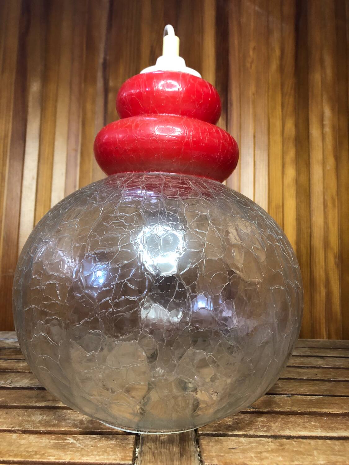 Old transparent & red cracked glass pendant lamp 1970s vintage #a548