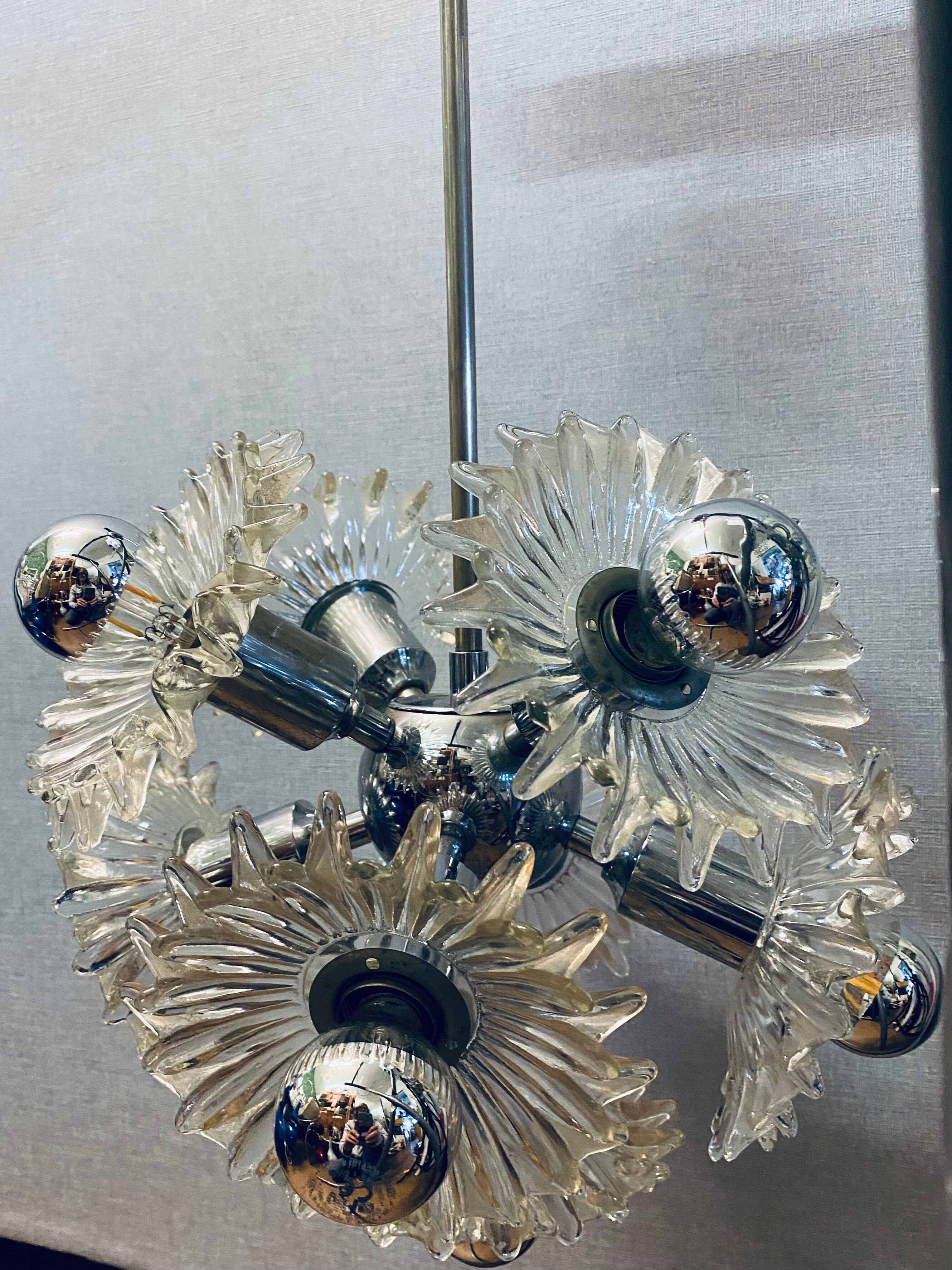 1970s german cosack sputnik dandelion hanging light chrome, glass
