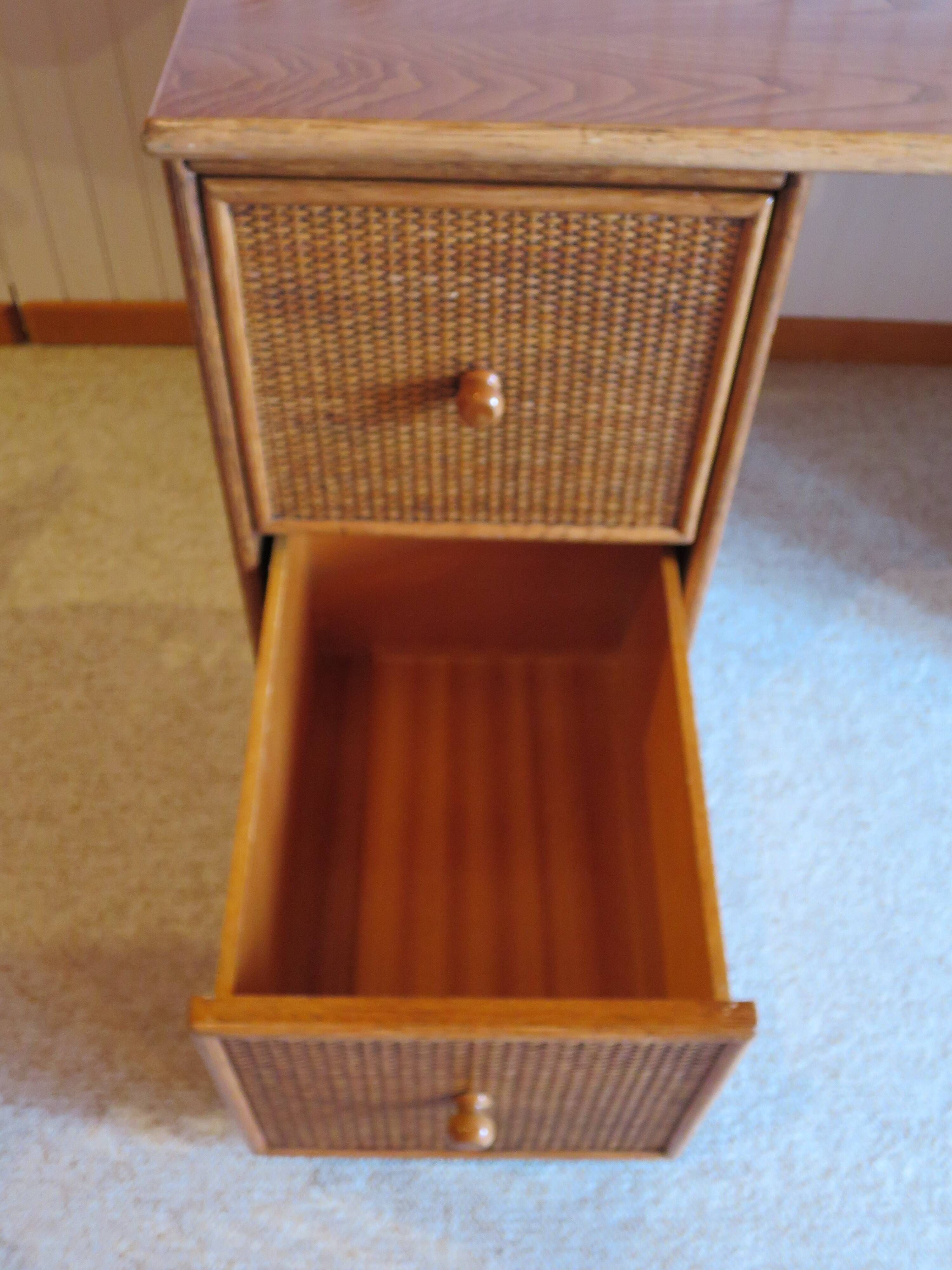 Rare vintage desk Ash and woven rattan - Large top - 6 drawers - Functional desk
