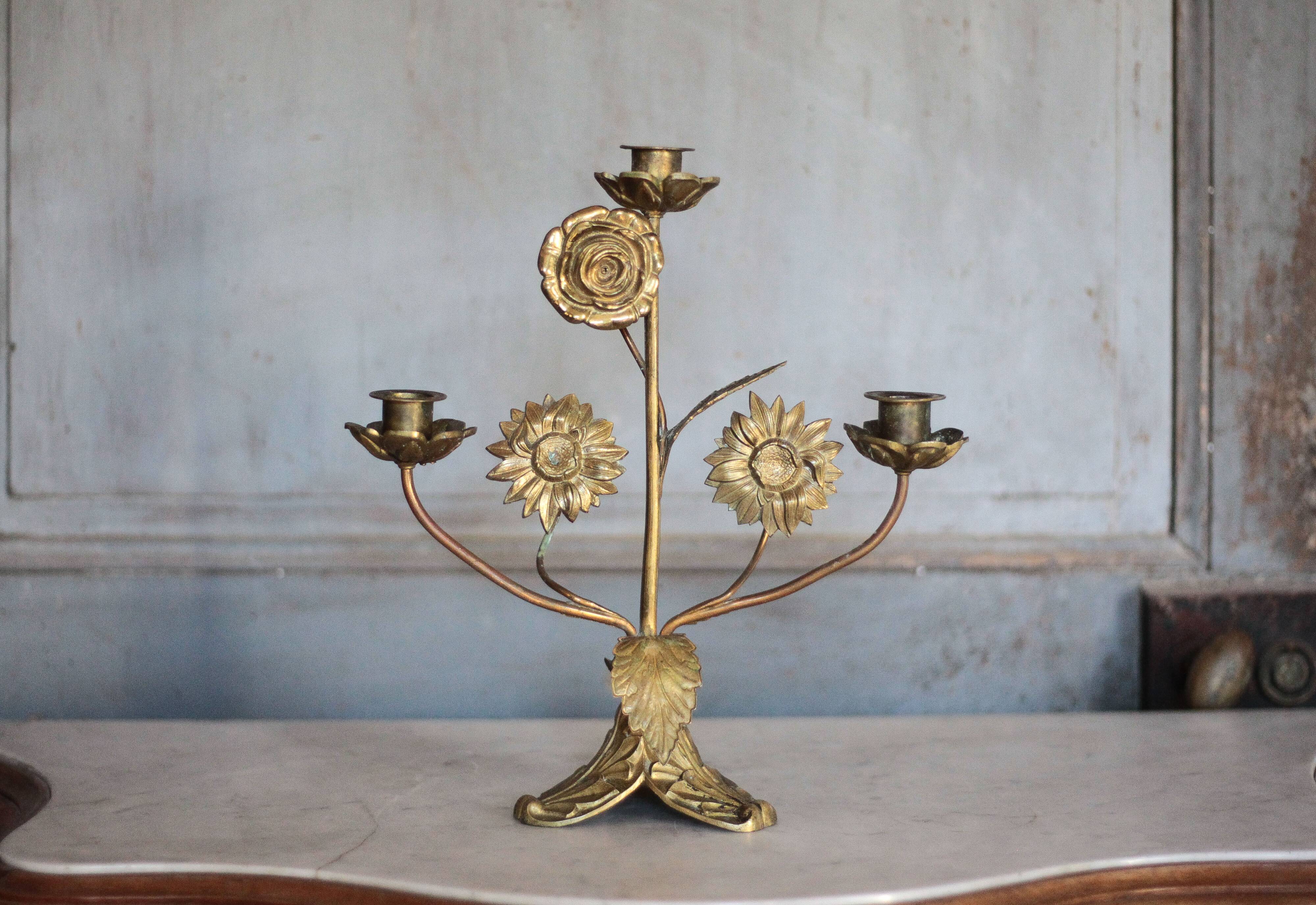 Brass candelabra with flowers, 3 candlesticks, church candle holder