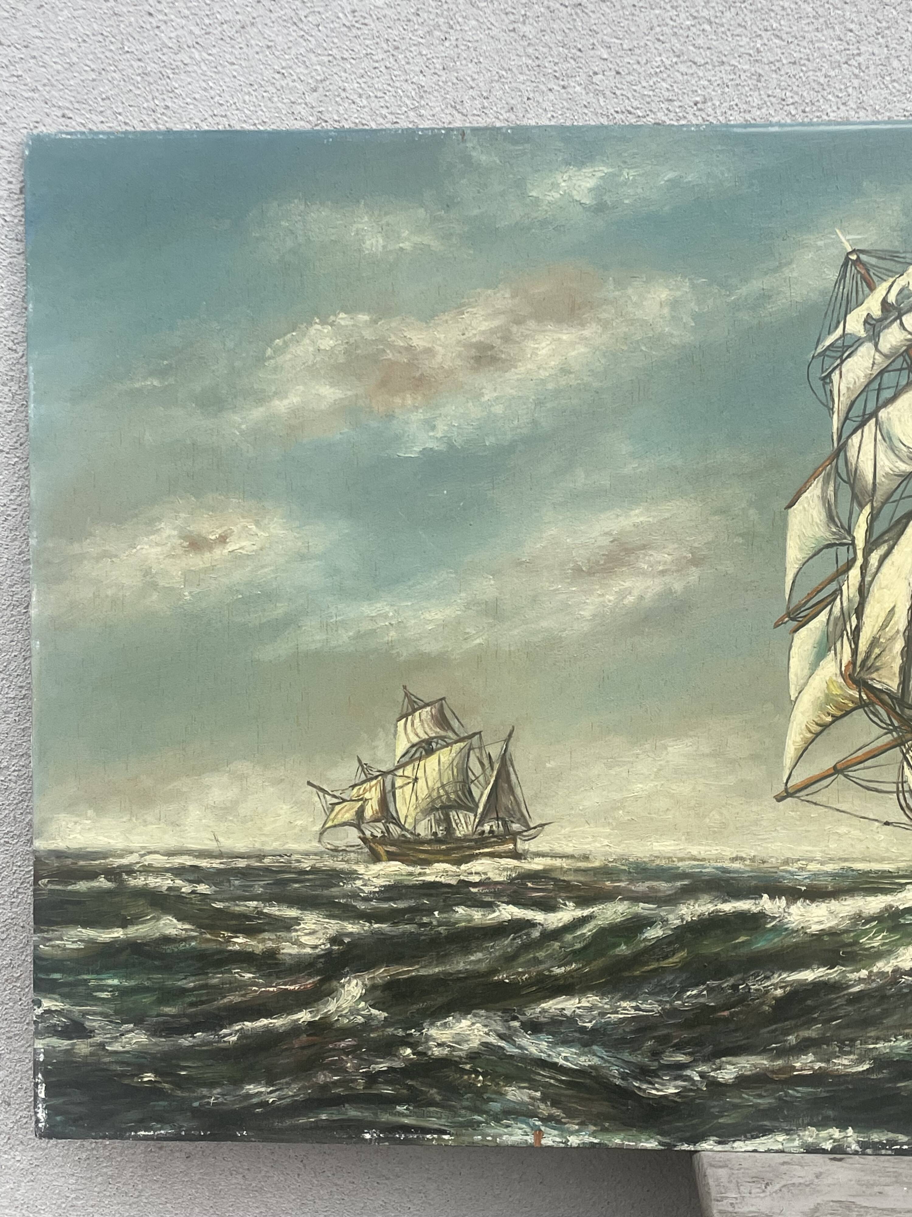 Oil on panel galion by rene mary marine 89 x 45 cm