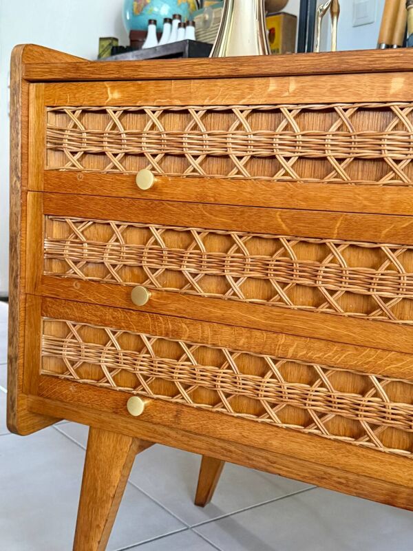 Commode bois et rotin vintage pieds compas