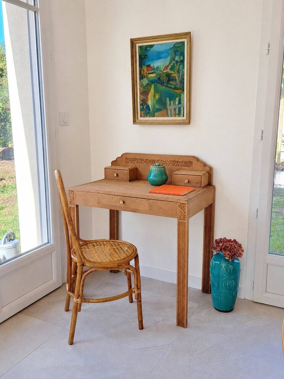 Art Deco oak desk, stripped finish, console size, 3 drawers.