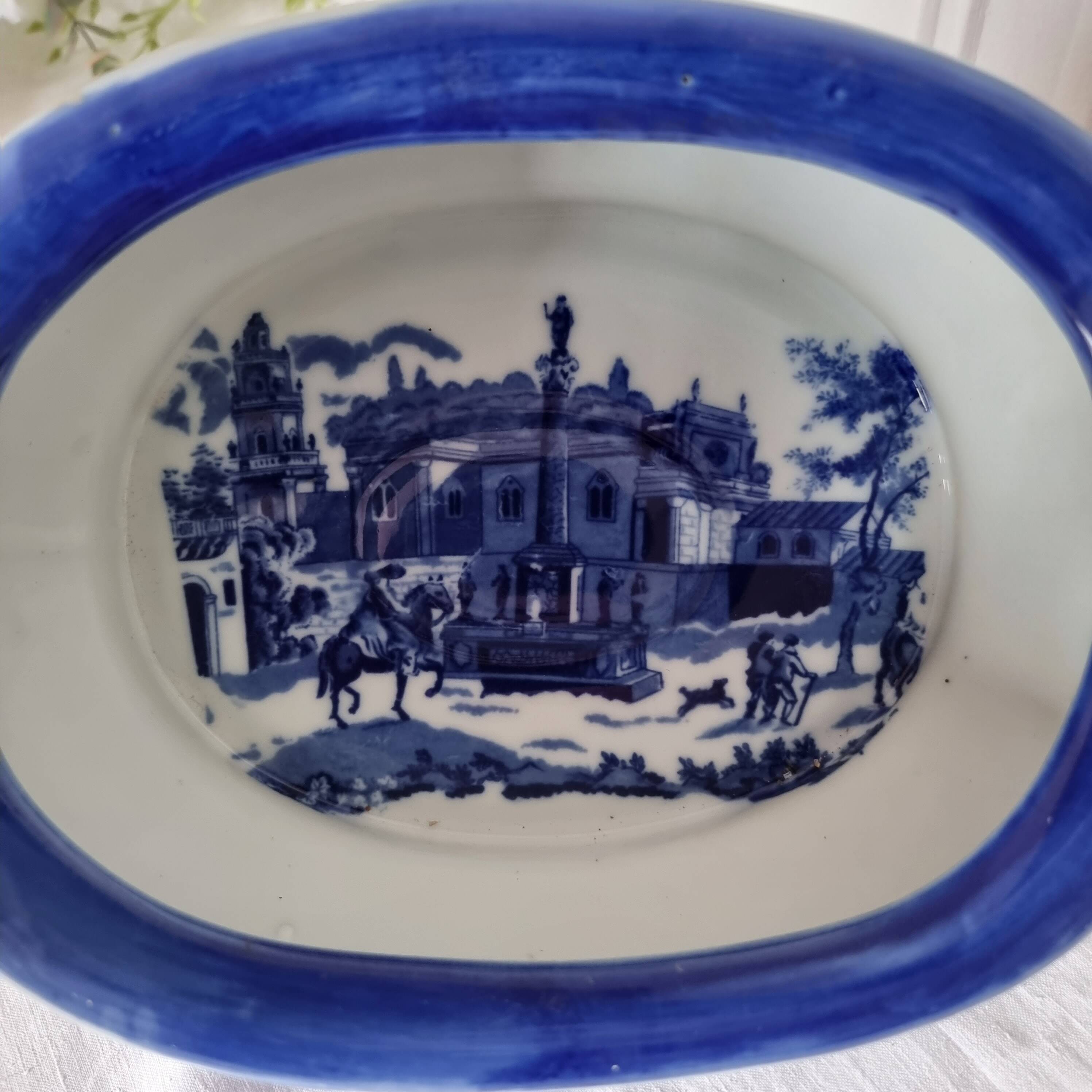English porcelain flower pot or planter, blue Victorian landscape