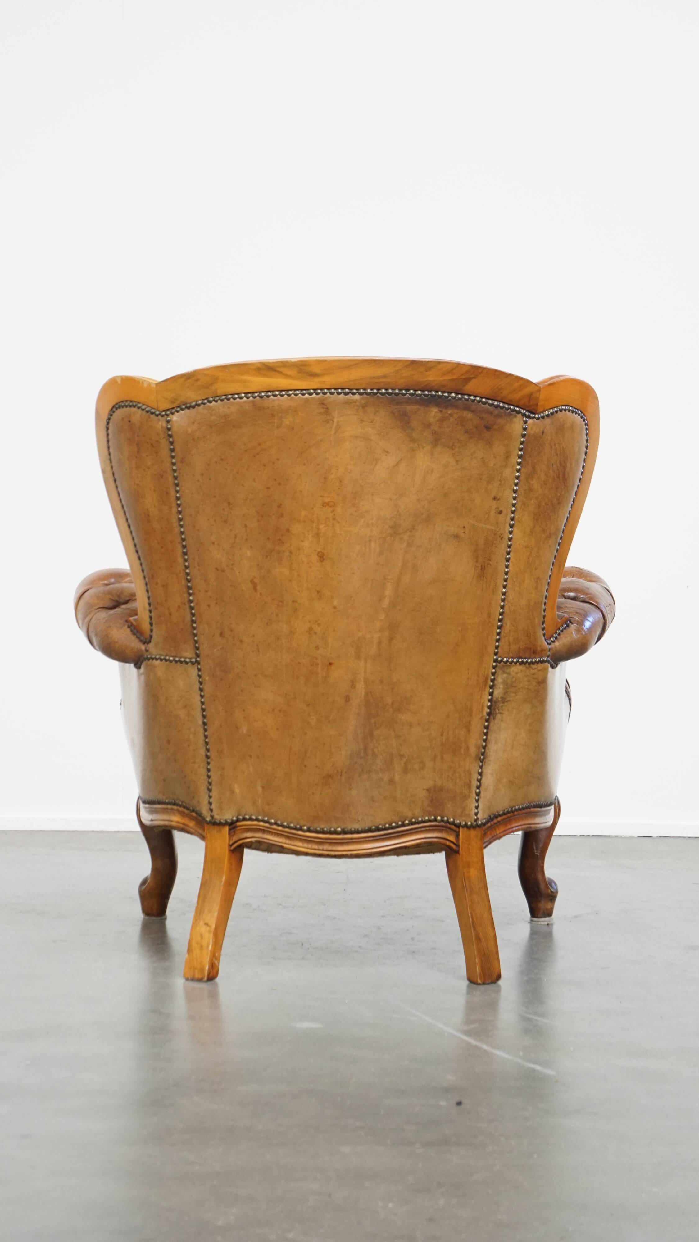 Antique Baroque Sheepskin Leather Chesterfield Armchair