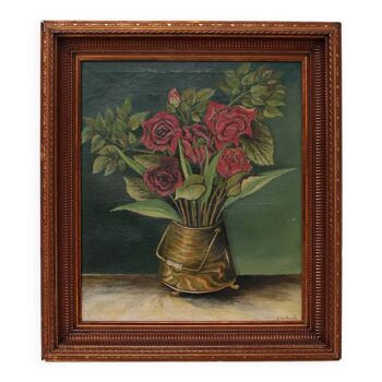 Peinture Nature morte aux roses signée avec J.Ter Haak, 1970