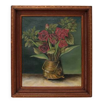 Peinture Nature morte aux roses signée avec J.Ter Haak, 1970