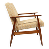 Fauteuil vintage jaune mélange moelleux bois naturel 1970 H. Lis chaise design moderne milieu siècle