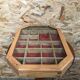 Old hanging showcase 22 wooden boxes red background