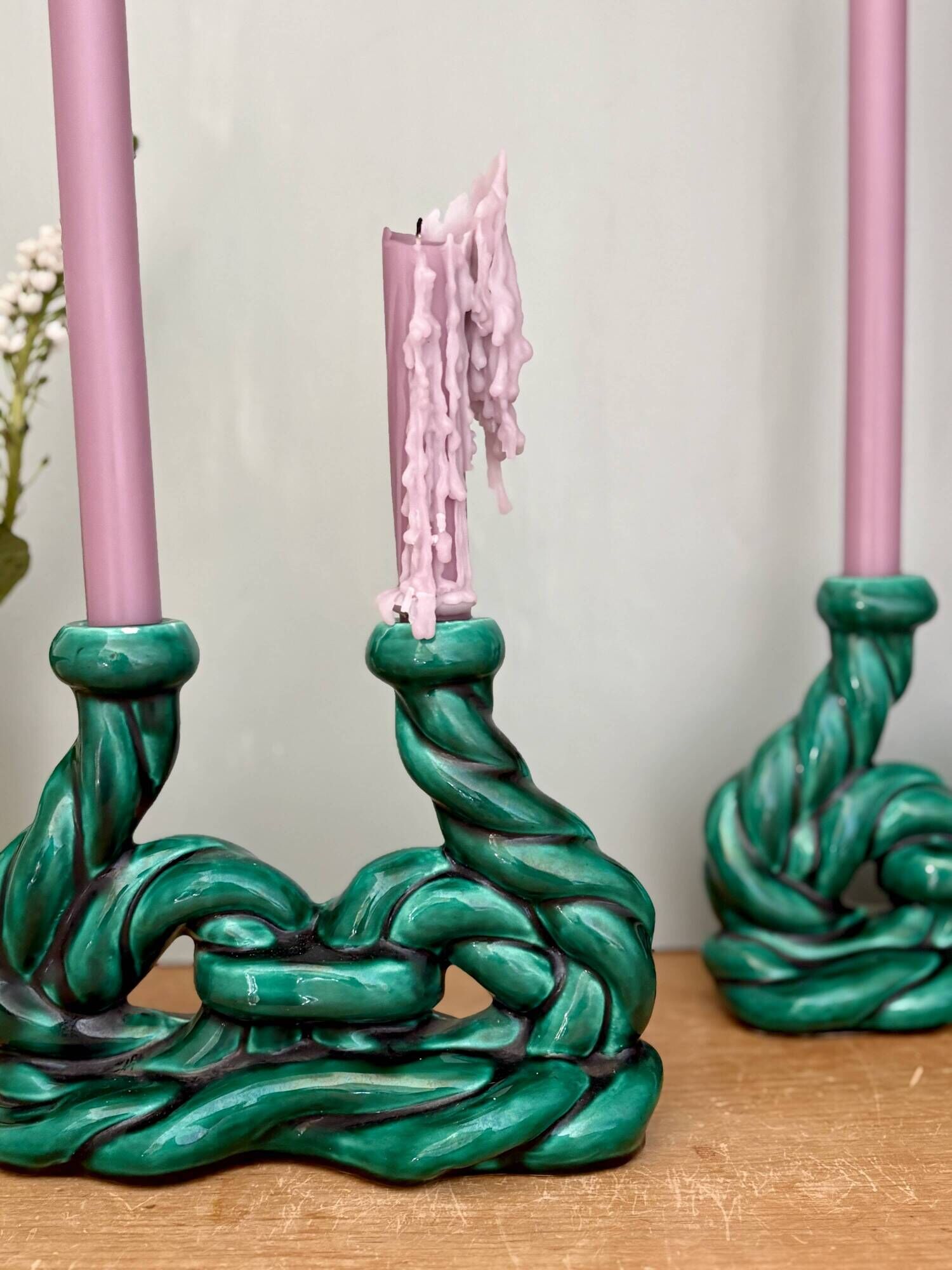 Pair of vintage green ceramic candlesticks signed Hubert Pernin, Vallauris.