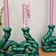 Pair of vintage green ceramic candlesticks signed Hubert Pernin, Vallauris.