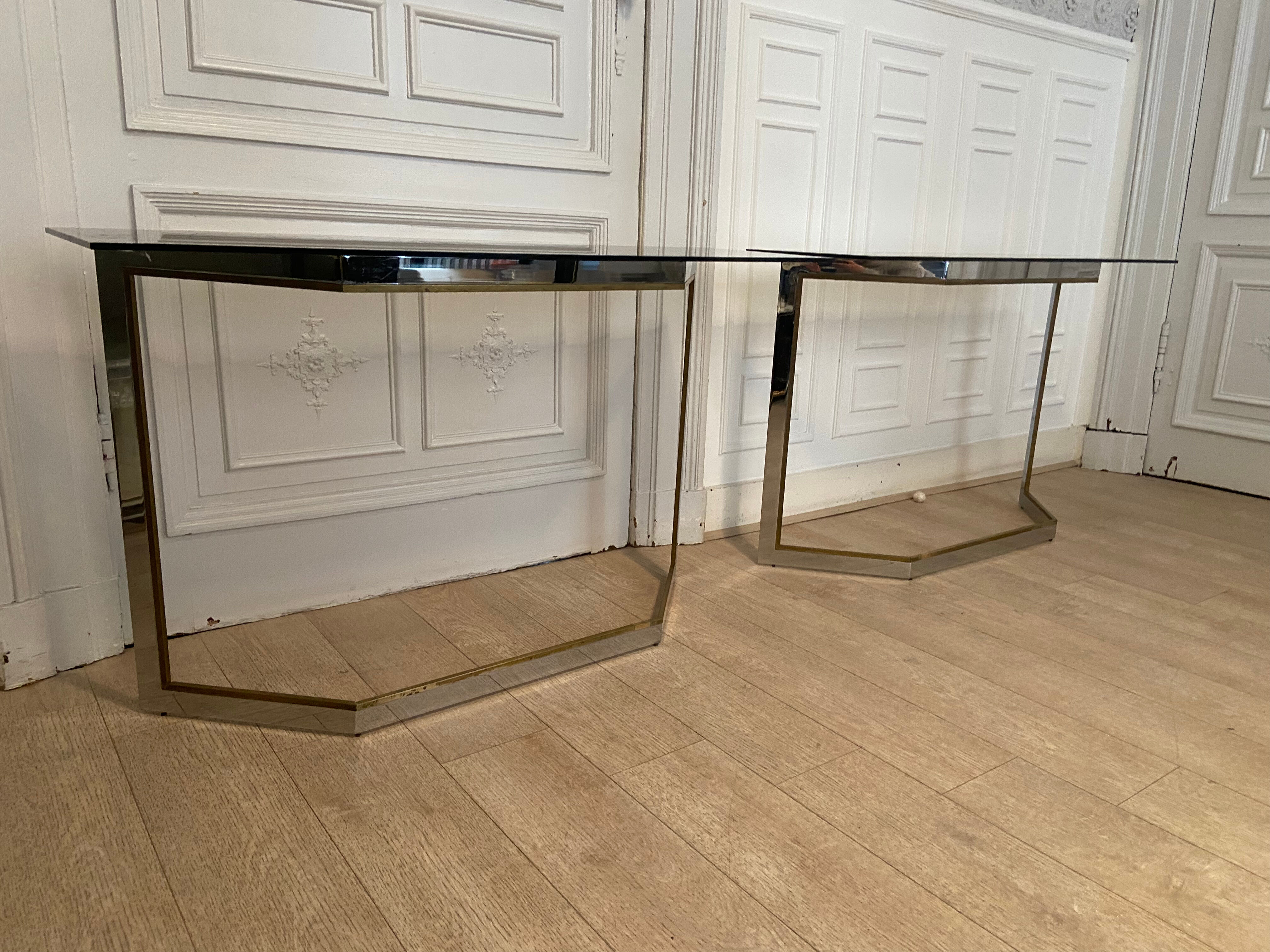 Pair of chrome metal consoles and smoked glass, Italy, 1970s