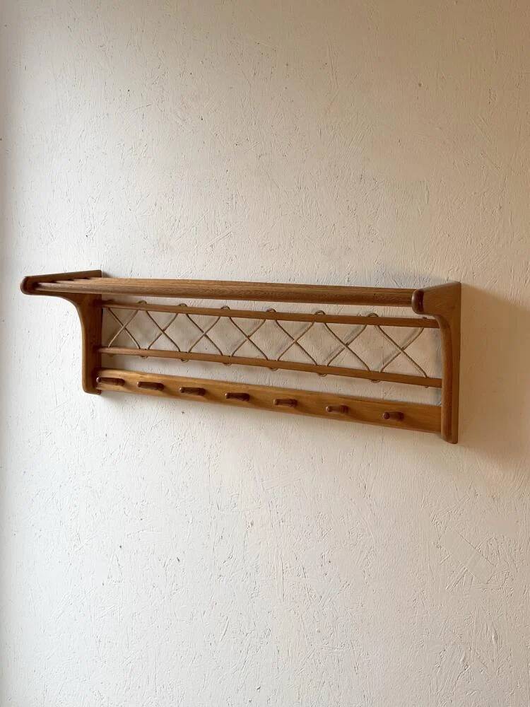 Vintage oak wall coat rack with braided cord 1960s