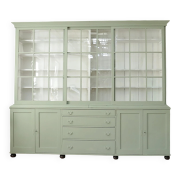 Large green display cabinet with sliding doors – two-part buffet, 219 cm