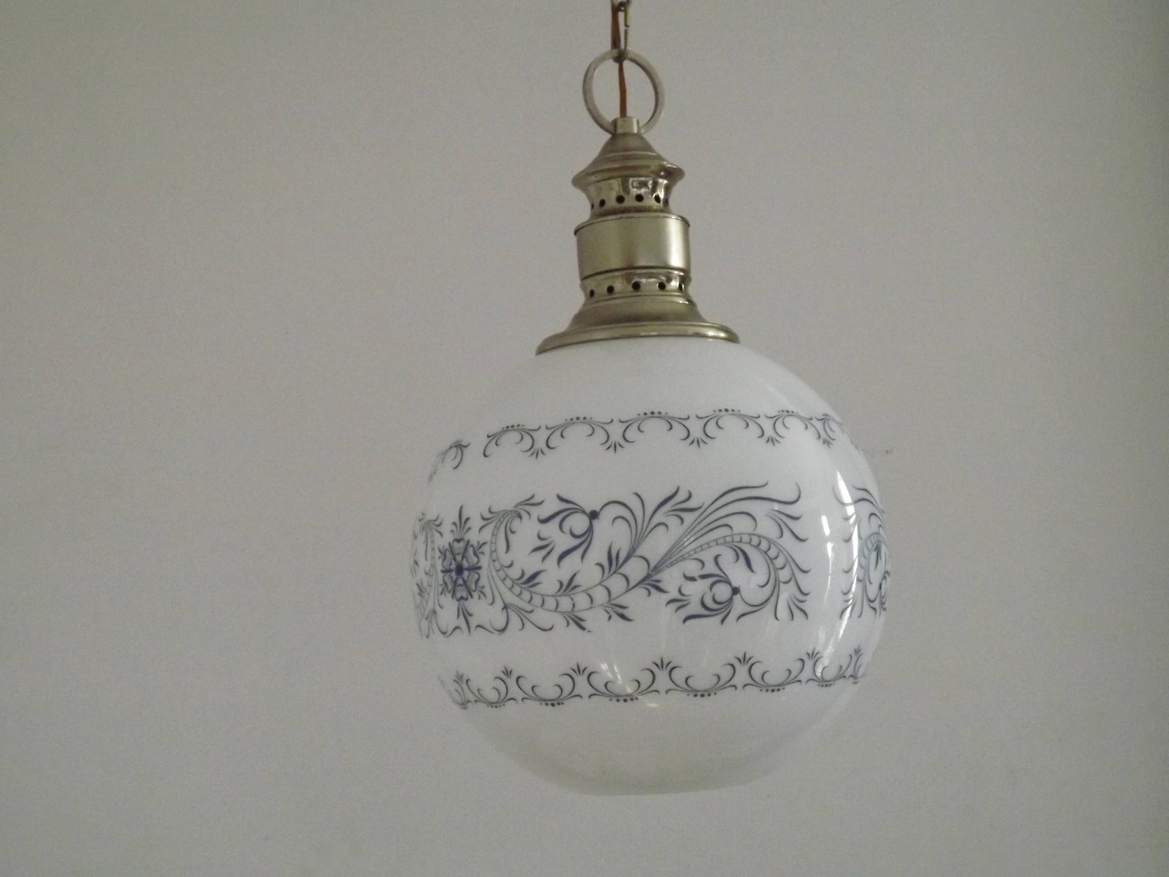 French Mid-Century Globe Pendant, Blue Pattern Shade, Vintage Hanging Light