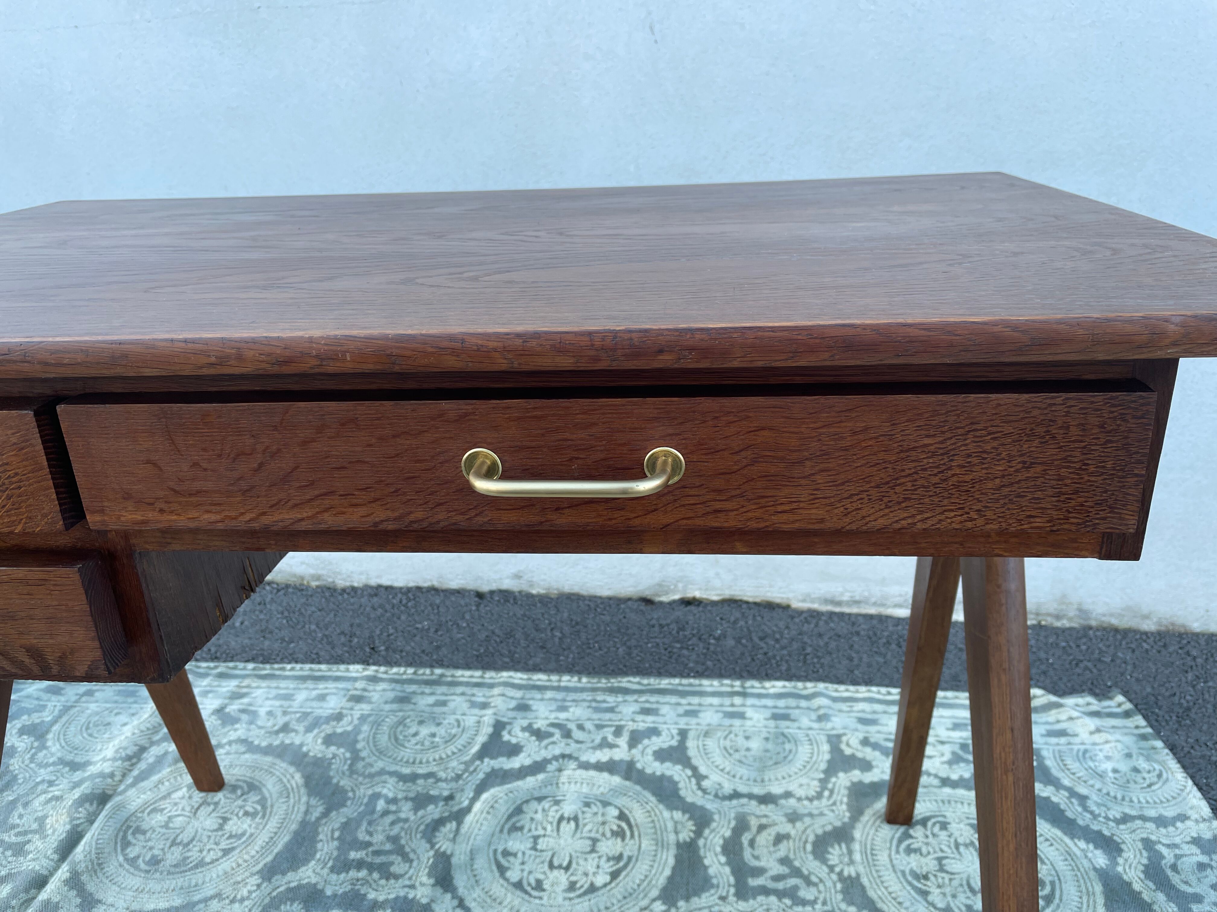 Modernist wooden desk with compass feet 1950
