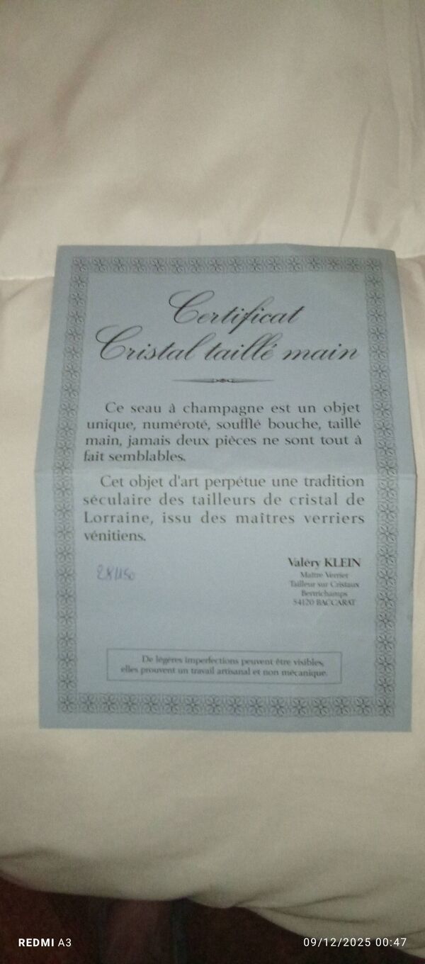 Seau à champagne valery klein cristal baccarat numéroté neuf avec certifica