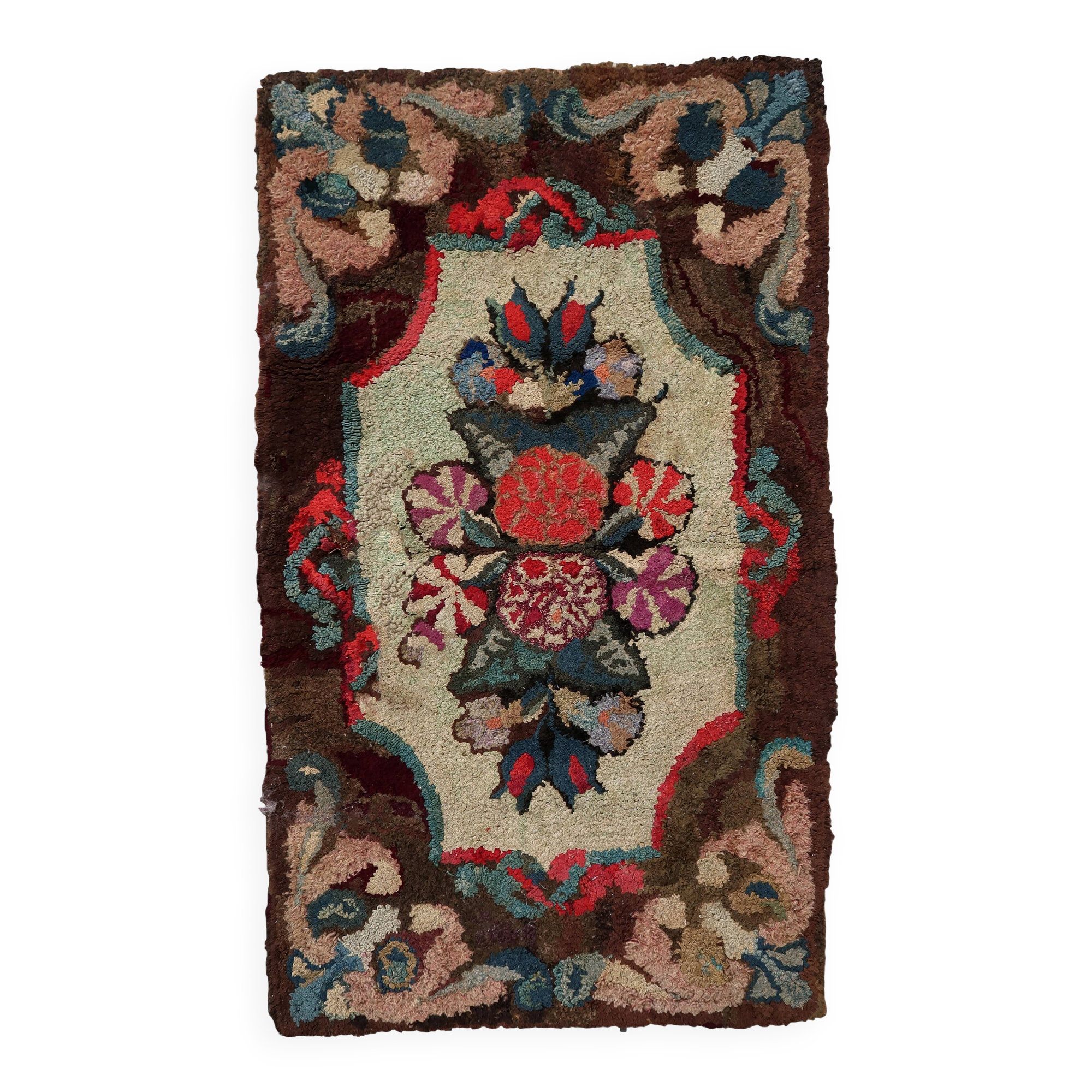 Tapis Hooked antique américain – 63 x 107 cm – Motif floral - 1C986
