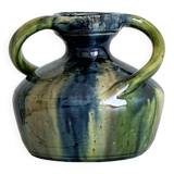 Two-handled ceramic vase with a blue and green gradient pattern.