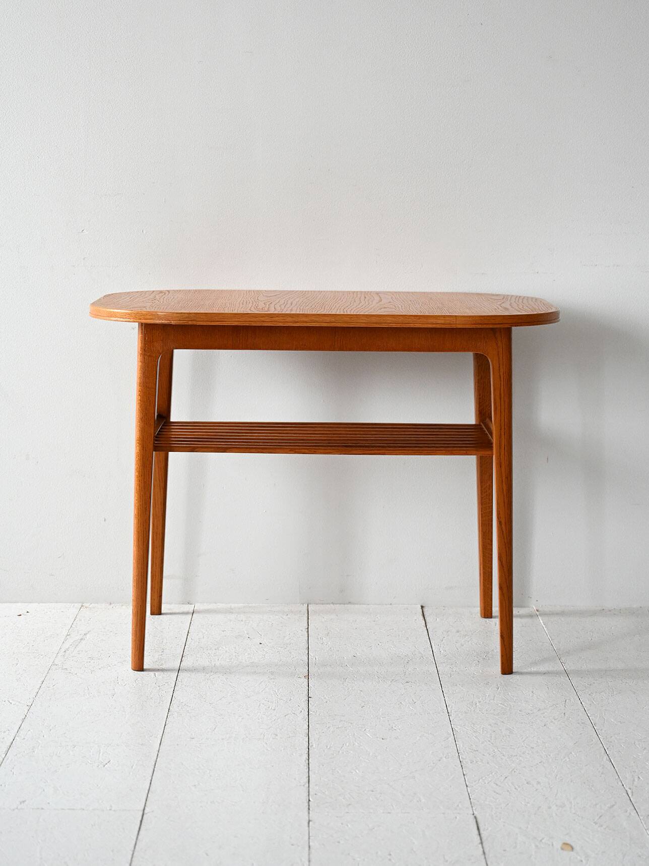 1960s Scandinavian oak coffee table with slatted shelf