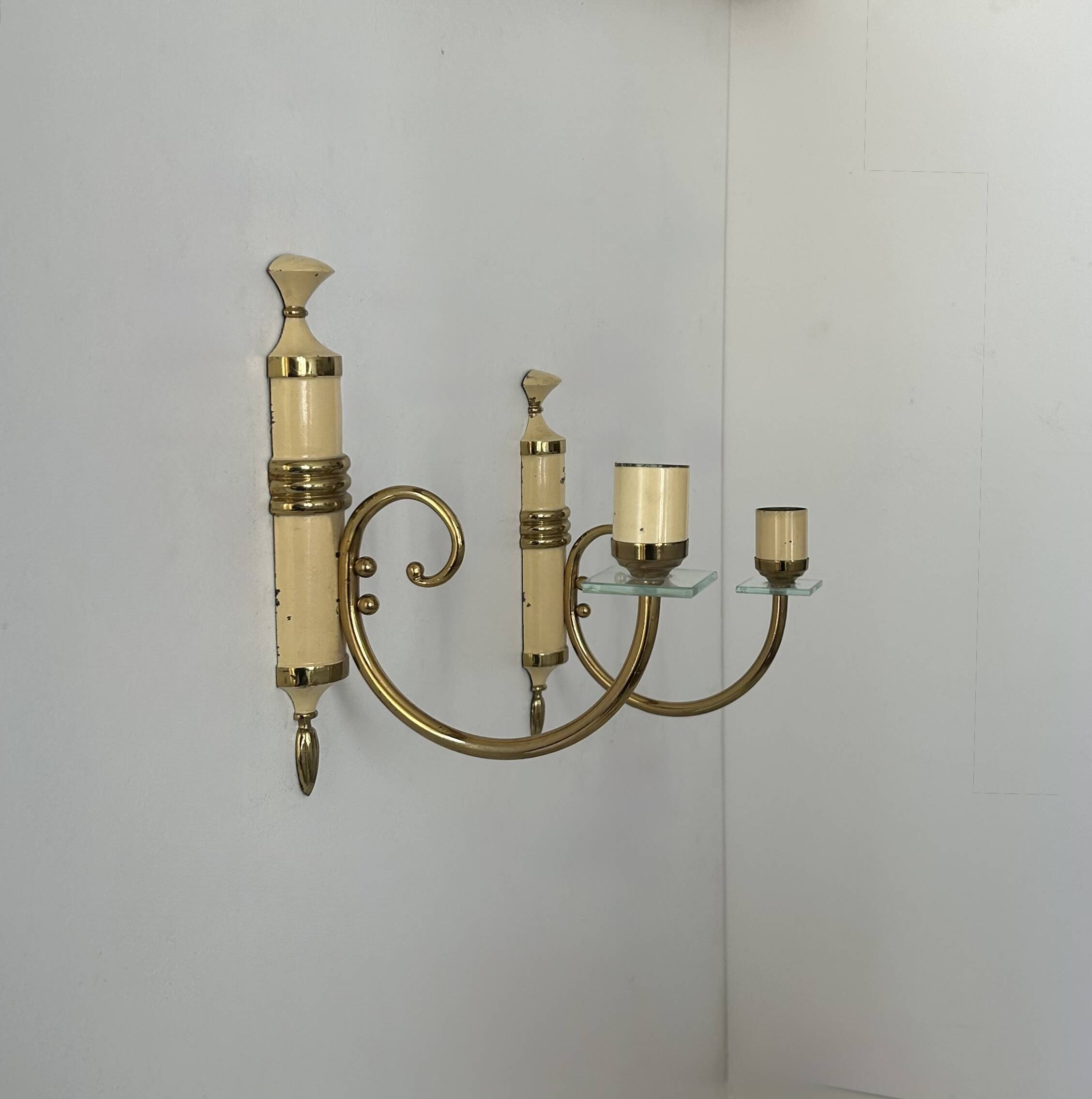 Pair of vintage patinated brass wall lights, France, 1940s