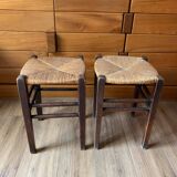 Pair of wood and straw stools