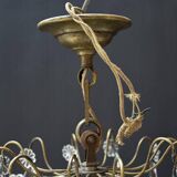 Chic lustre à pampilles bronze doré 6 feux enfilage verre ancien