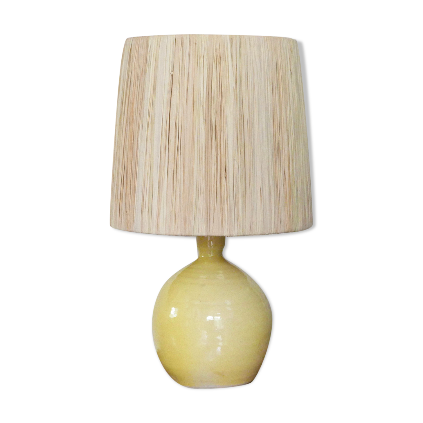 Yellow ceramic lamp, raffia lampshade, 60s