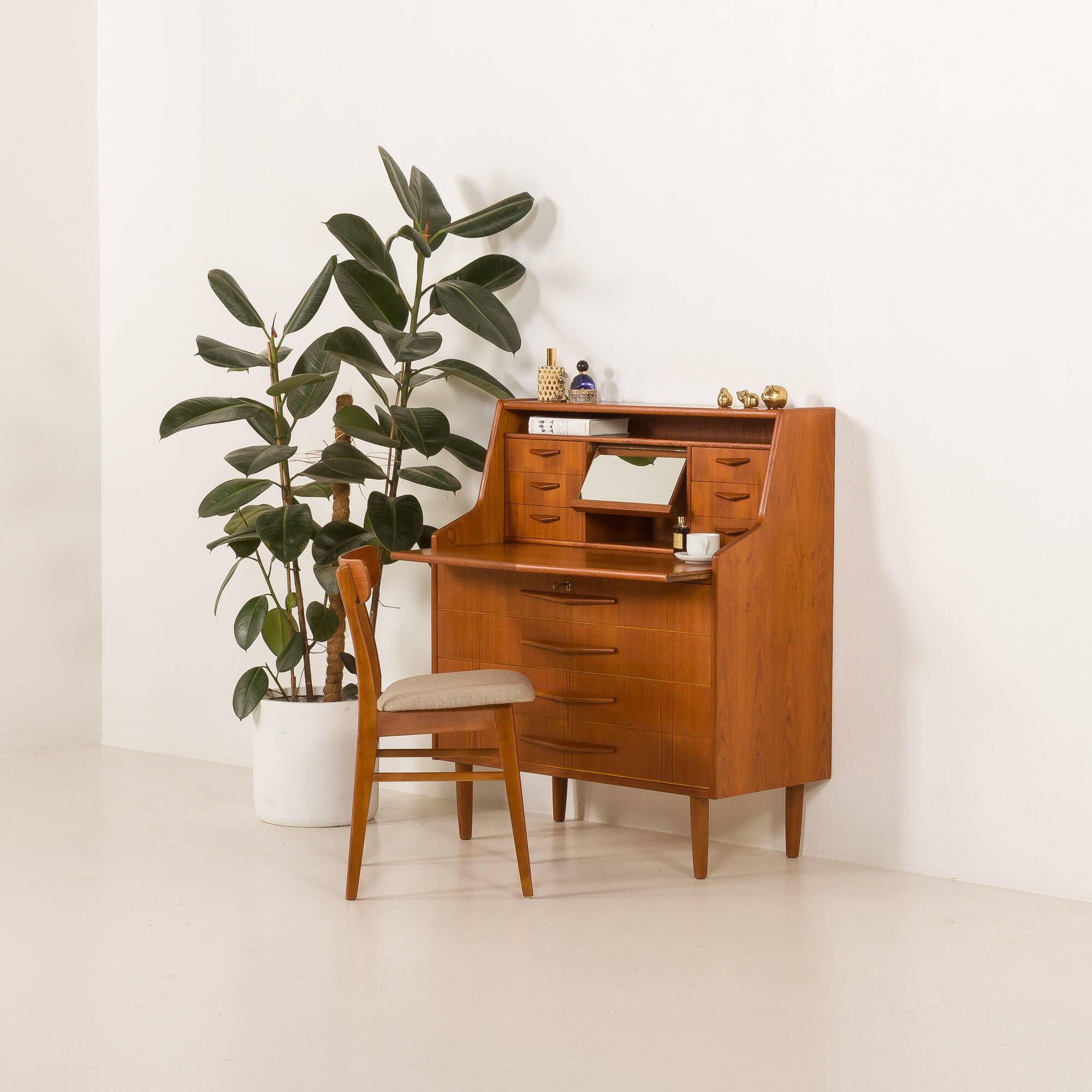 Danish teak mid century modern secretaire cabinet with a desk and vanity