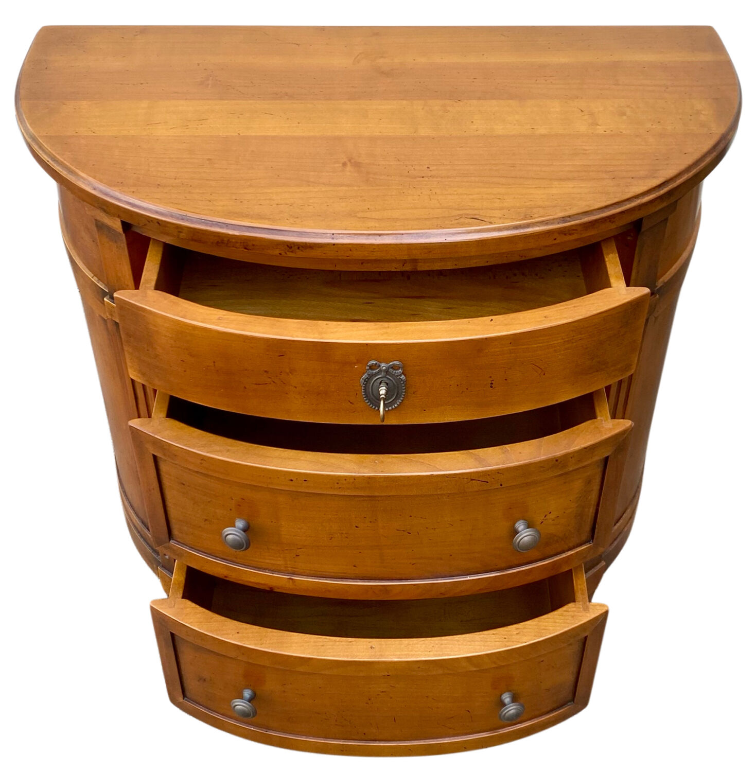 Commode demi-lune 3 tiroirs en merisier style Louis XVI
